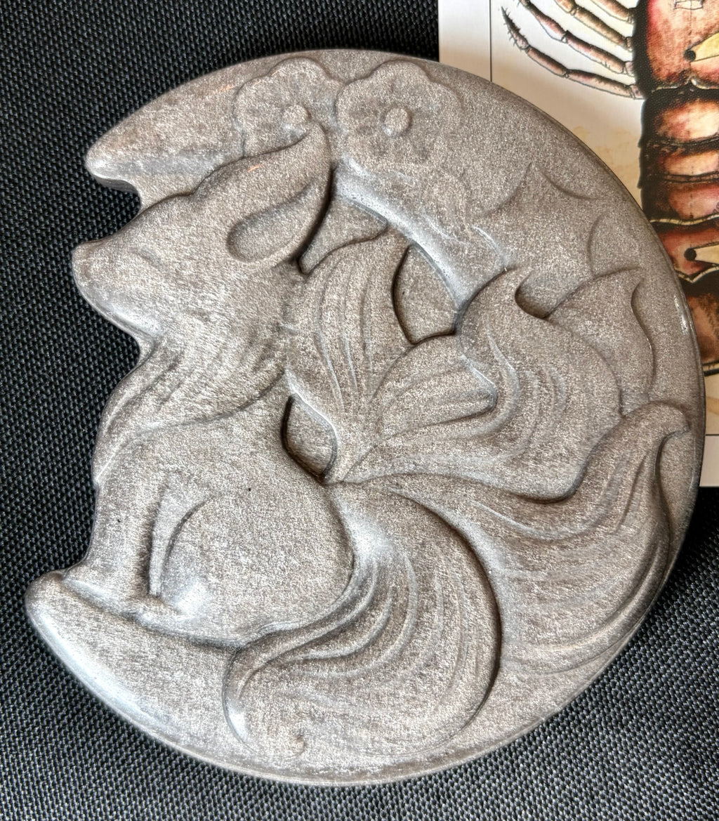 Golden Sheen Obsidian Crystal Fox and Moon Carving