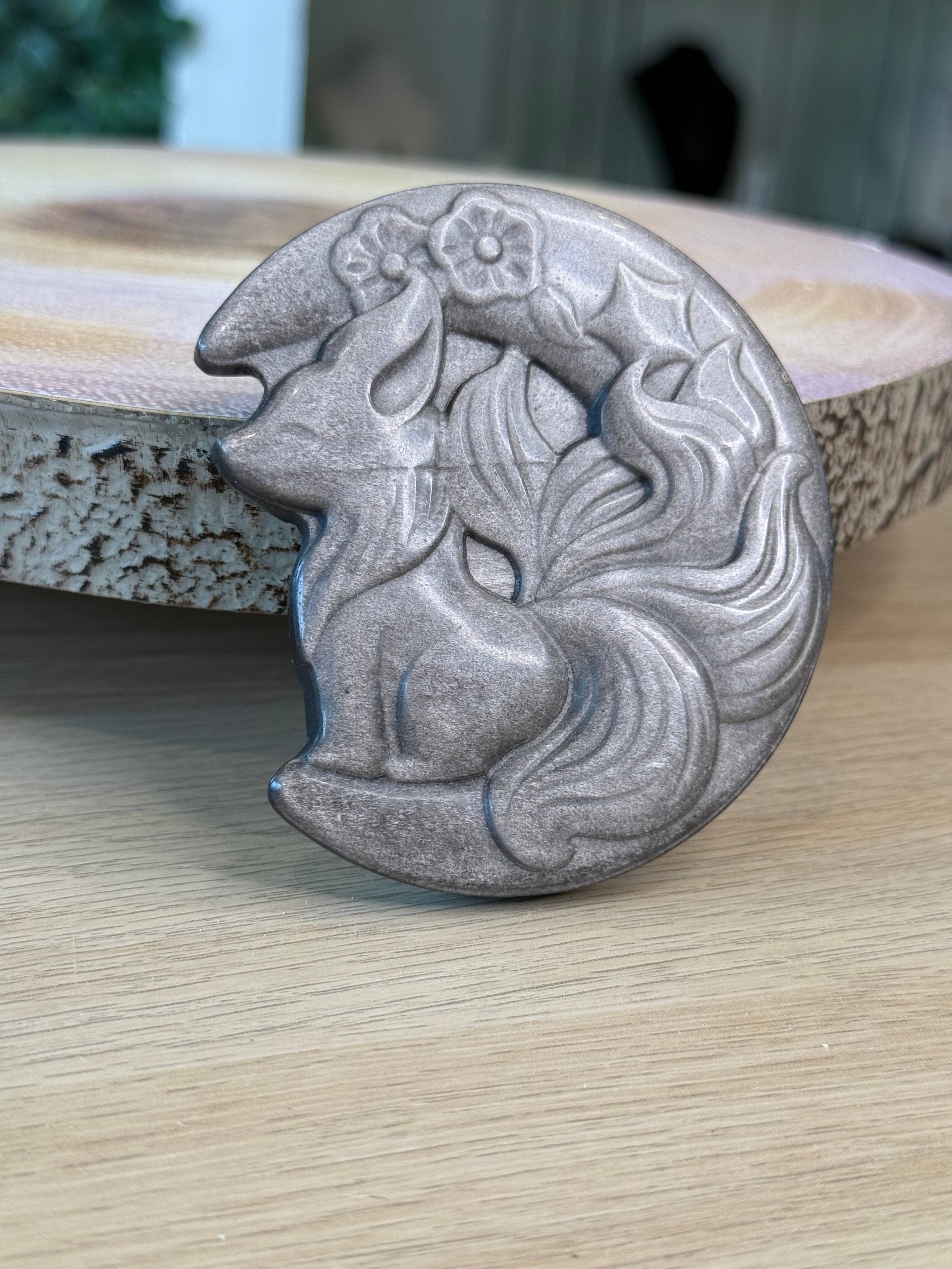 Golden Sheen Obsidian Crystal Fox and Moon Carving