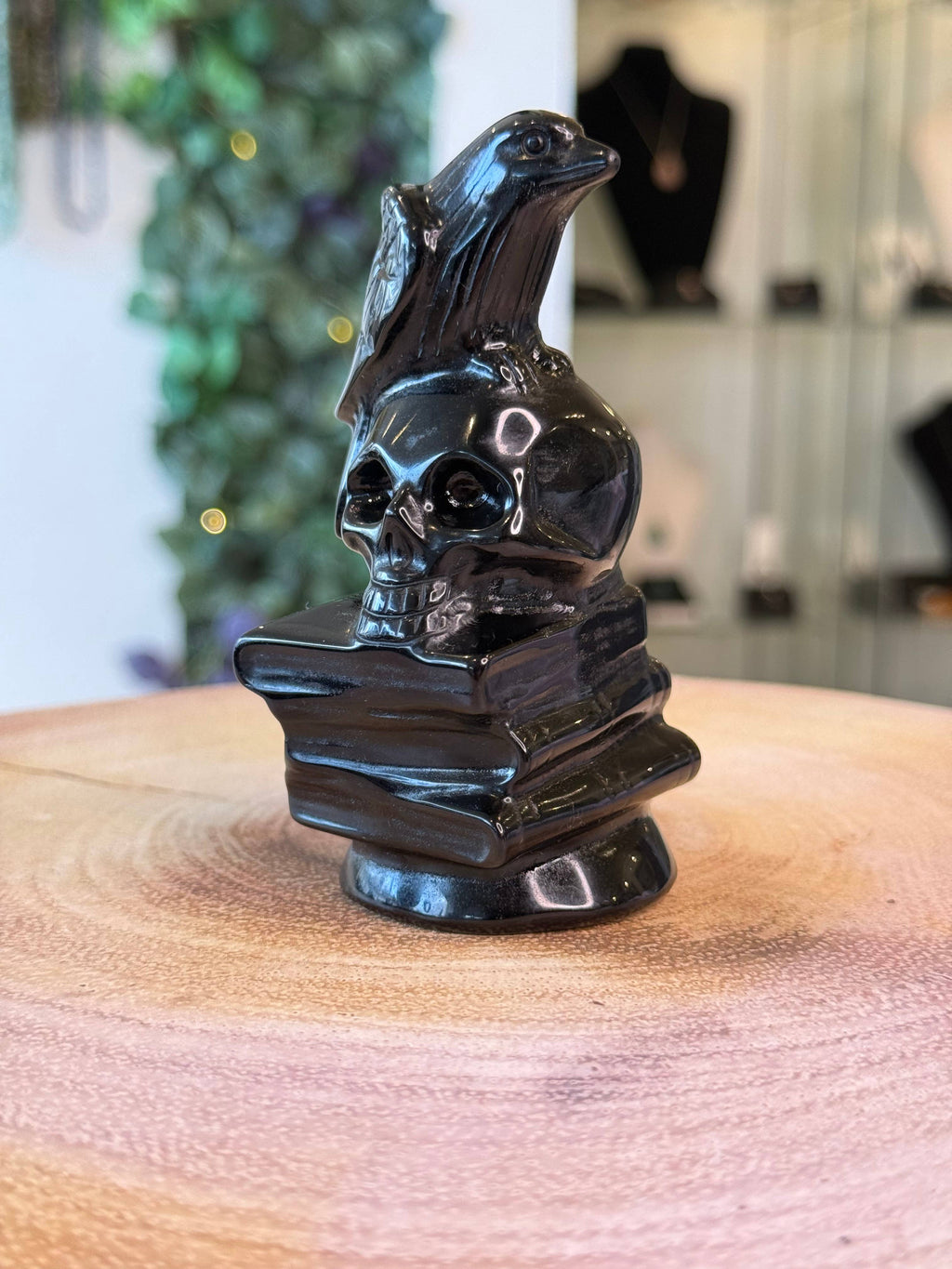 Black Obsidian Crow and Skull on Books Carving – Protection, Shadow Work & Transformation Crystal