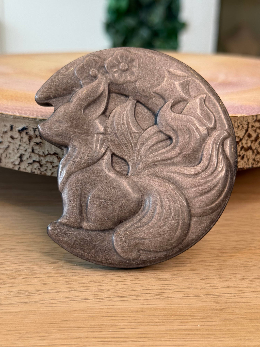 Golden Sheen Obsidian Crystal Fox and Moon Carving