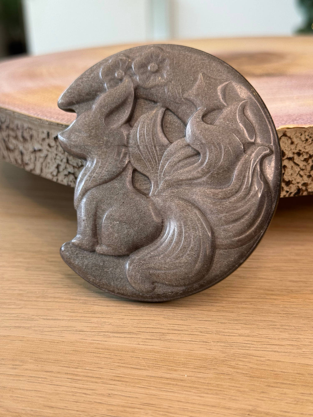 Golden Sheen Obsidian Crystal Fox and Moon Carving
