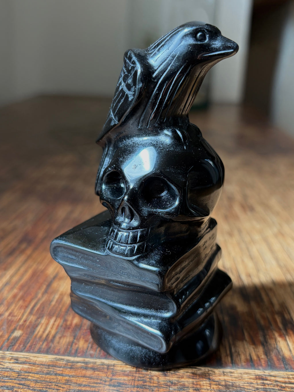 Black Obsidian Crow and Skull on Books Carving – Protection, Shadow Work & Transformation Crystal