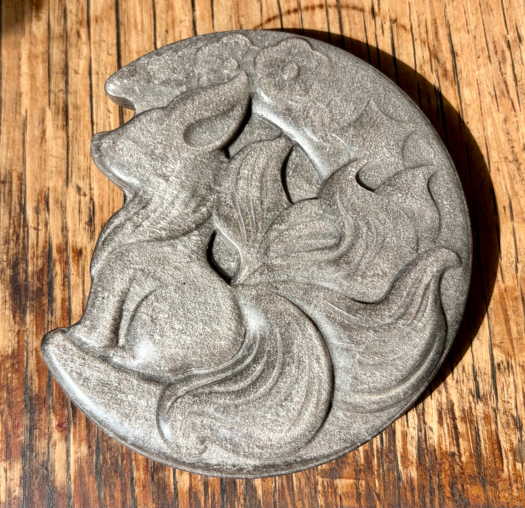 Golden Sheen Obsidian Crystal Fox and Moon Carving