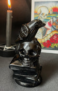 Black Obsidian Crow and Skull on Books Carving – Protection, Shadow Work & Transformation Crystal