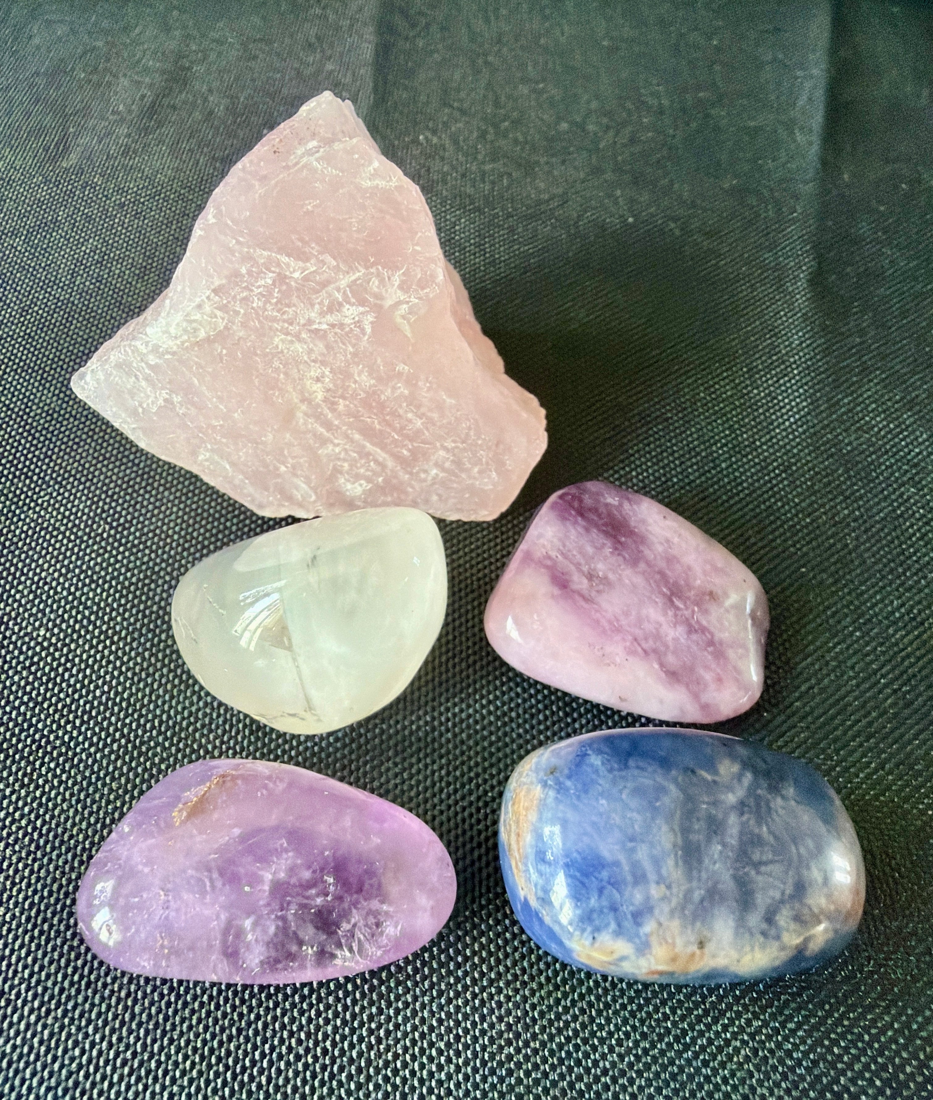 Moonlit Calm Crystal Set | Calming Crystals for Stress & Anxiety | Amethyst, Rose Quartz, Lepidolite, Sodalite