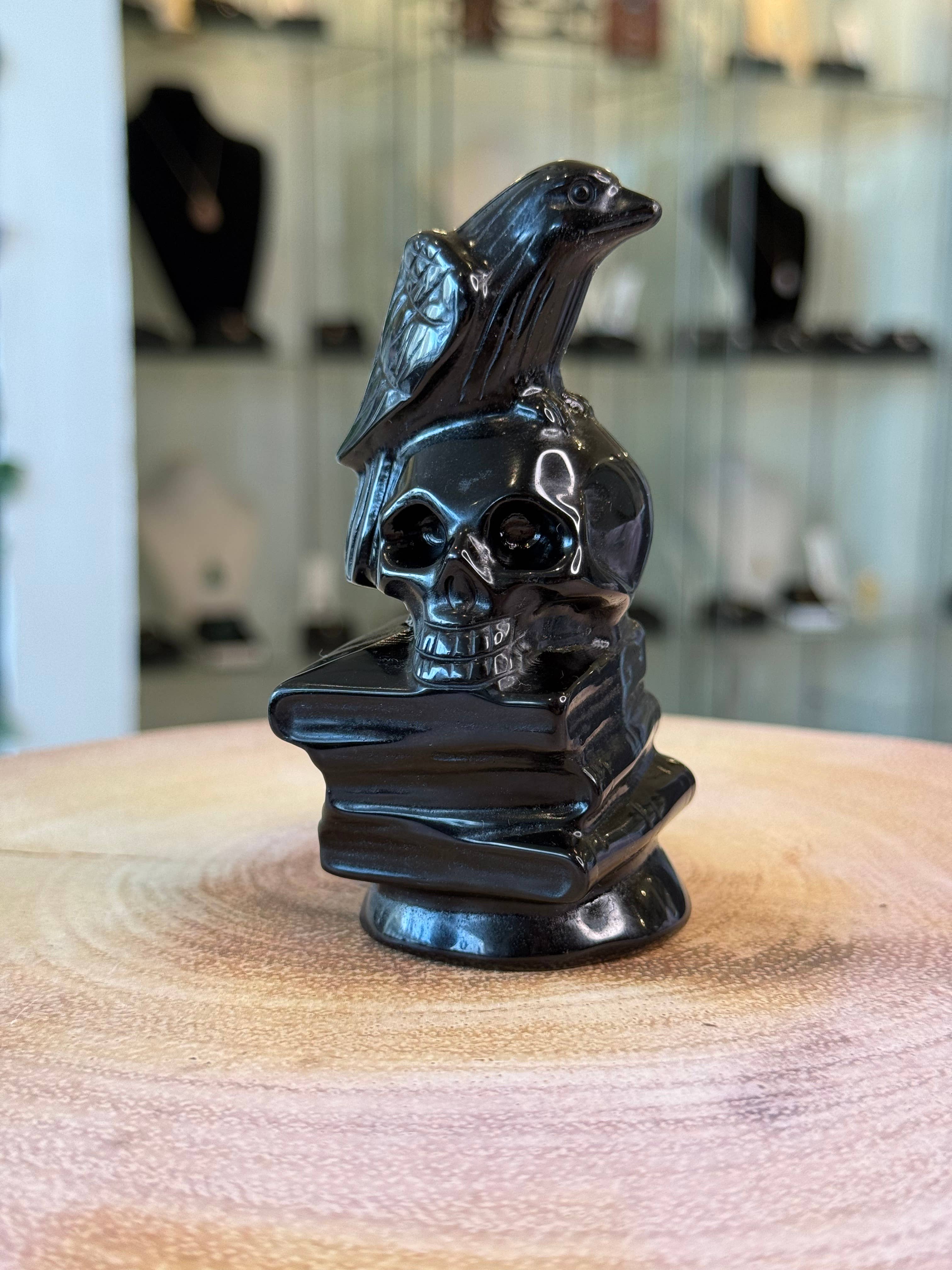 Black Obsidian Crow and Skull on Books Carving – Protection, Shadow Work & Transformation Crystal