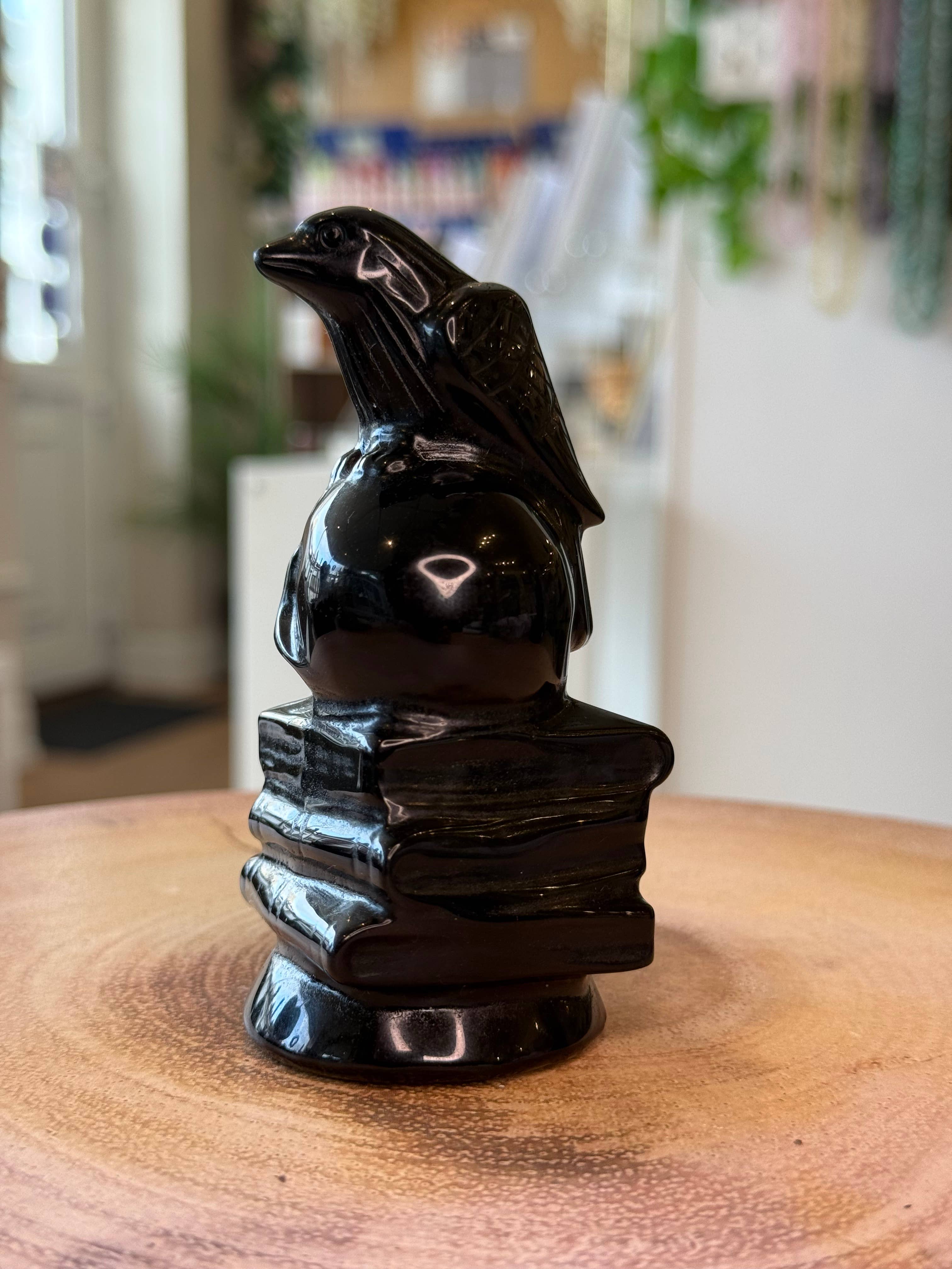Black Obsidian Crow and Skull on Books Carving – Protection, Shadow Work & Transformation Crystal